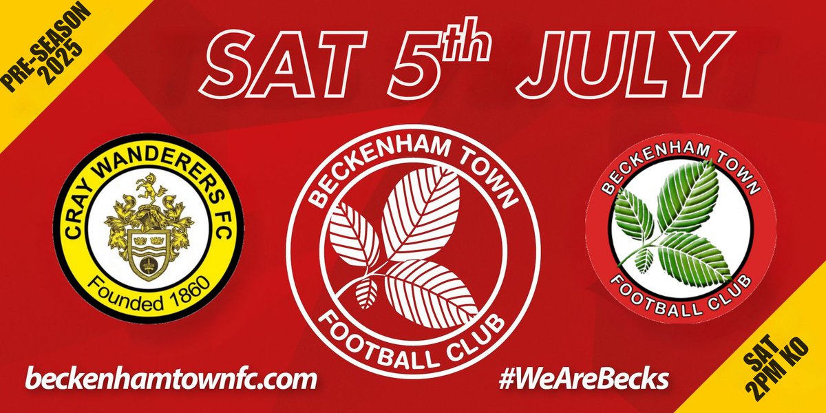 Beckenham Town FC (@beckenhamtownfc) on Twitter photo TOMORROW ⏩️
Our pre-season, and the Danny Waldren era, begins with a short trip to Flamingo Park 🦩
🆚 <a href="/OfficialWands/">Cray Wanderers FC</a>
🏆PSF
⌚️ 14:00
🏟 Flamingo Park BR7 6HL
🎟 Adults £12, Cons (16-18, +65s) £8, U16s £4, U12s FREE TOMORROW ⏩️
Our pre-season, and the Danny Waldren era, begins with a short trip to Flamingo Park 🦩
🆚 <a href="/OfficialWands/">Cray Wanderers FC</a>
🏆PSF
⌚️ 14:00
🏟 Flamingo Park BR7 6HL
🎟 Adults £12, Cons (16-18, +65s) £8, U16s £4, U12s FREE