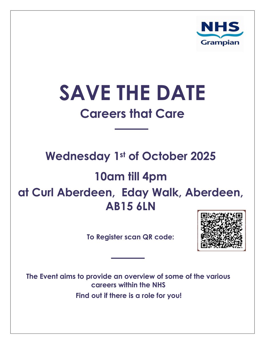 DYW North East (@dyw_northeast) on Twitter photo 🗓 Save the date - Careers that Care 2025 🗓
Would you like to explore the different roles within <a href="/NHSGrampian/">NHS Grampian</a>?
Careers that Care is back this year: mark the date in your diary today!
Register for free via the QR code or via the link here: tinyurl.com/yc3v9dvh 🗓 Save the date - Careers that Care 2025 🗓
Would you like to explore the different roles within <a href="/NHSGrampian/">NHS Grampian</a>?
Careers that Care is back this year: mark the date in your diary today!
Register for free via the QR code or via the link here: tinyurl.com/yc3v9dvh