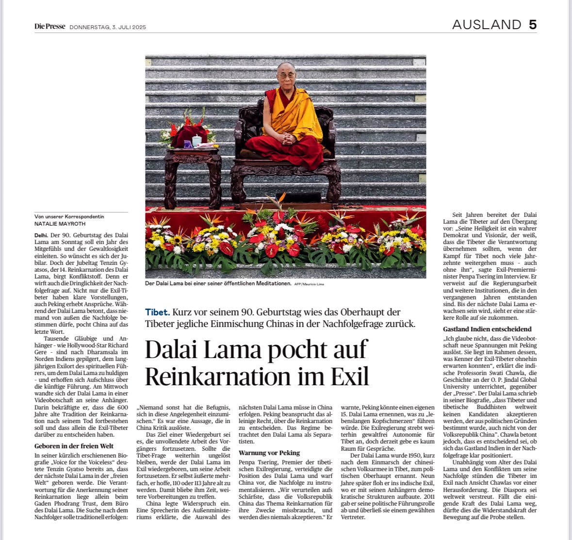 I spoke with <a href="/netizenmay/">Natalie Mayroth</a> for <a href="/DiePressecom/">Die Presse</a> about the <a href="/DalaiLama/">Dalai Lama</a>’s recent statement on reincarnation and the future of the #DalaiLama institution, ahead of his 90th birthday.

I noted that both the message and the reactions to it were along expected lines, and emphasised that it