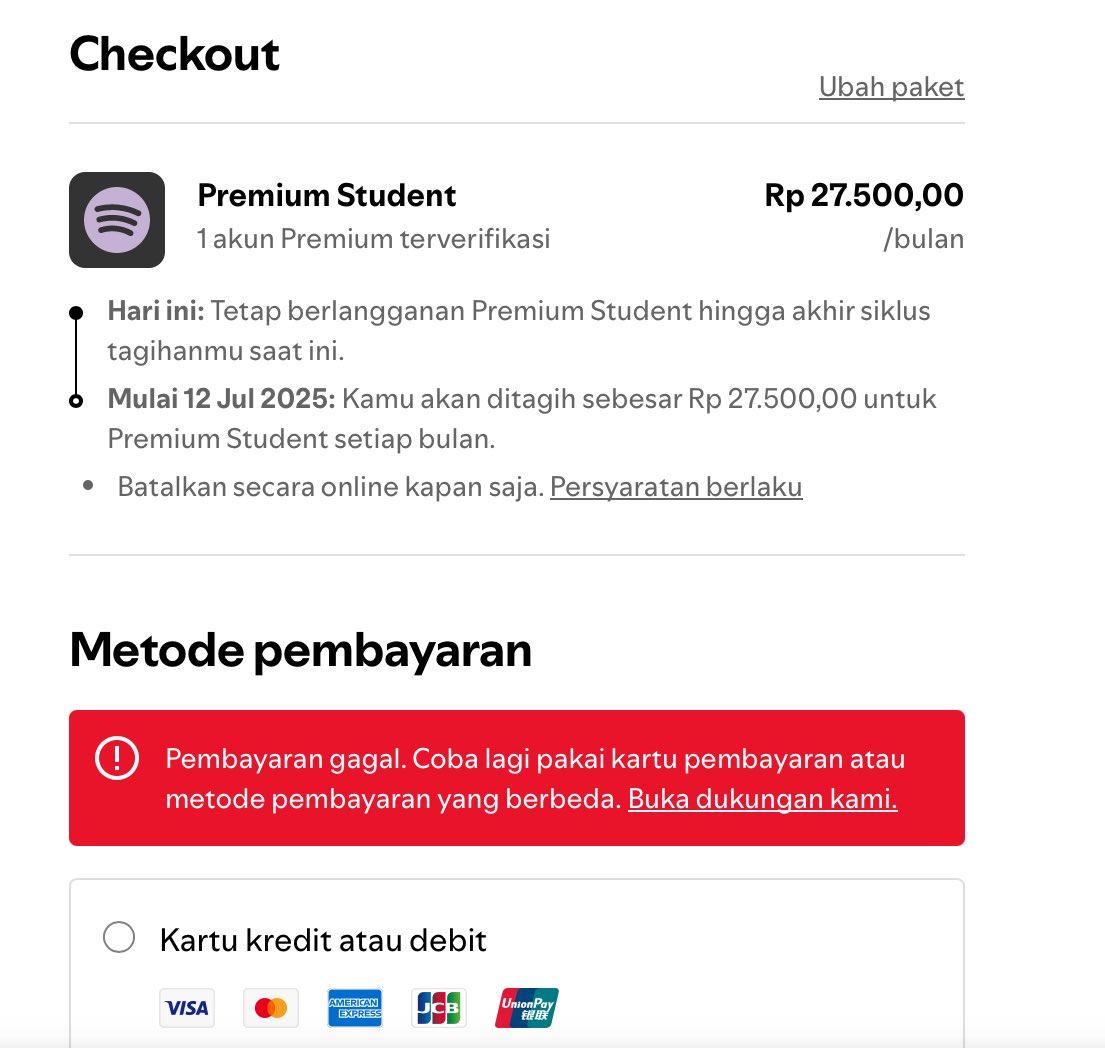 pdehya's tweet photo. min ini kenapa payment pakai ewallet sama kartu ngga bisa ya… setiap hbs disambungin trs balik ke web pasti selalu gagal dan cmn bisa pakai pulsa… @SpotifyID https://t.co/eRthfIp2kL