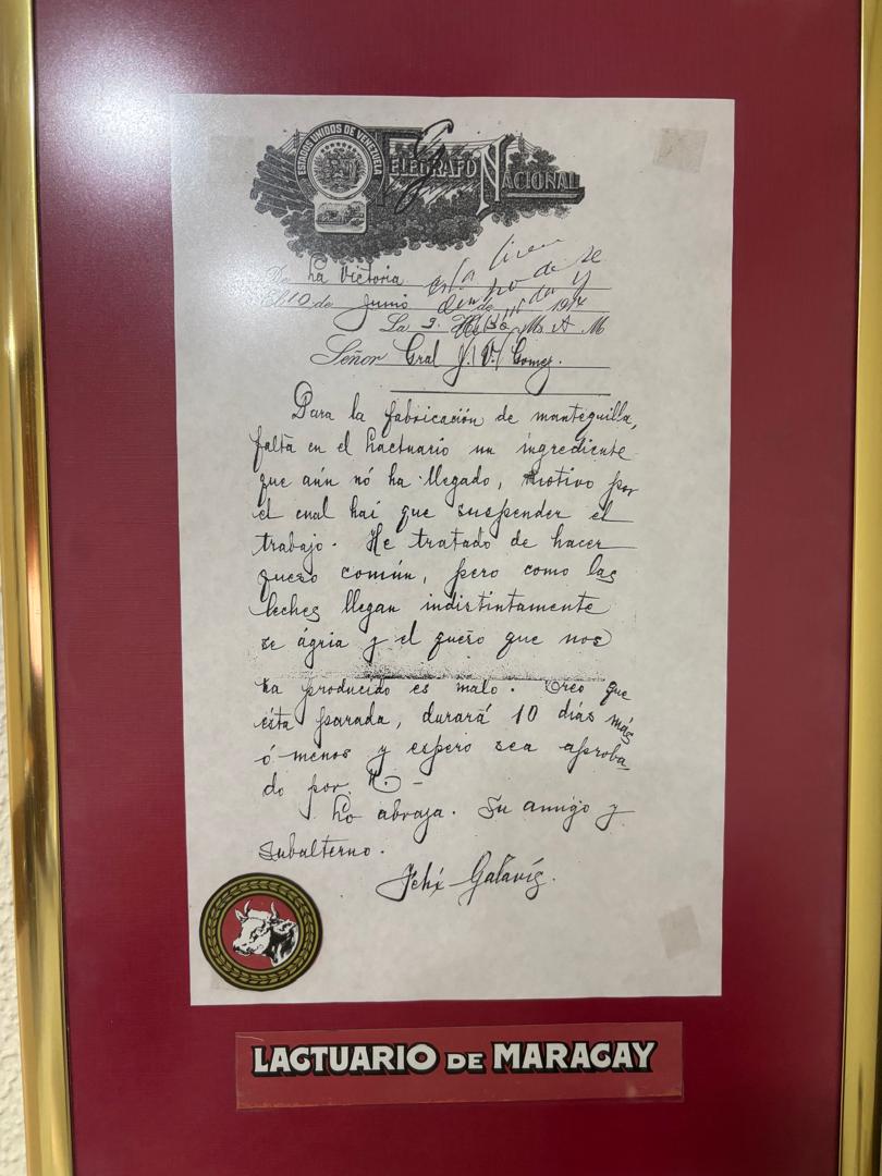 Felicitaciones a los propietarios y trabajadores de la empresa Lactuarios de Maracay por estar cumpliendo 117 años de fundada .
Correspondencia enviada al General Juan Vicente Gómez.