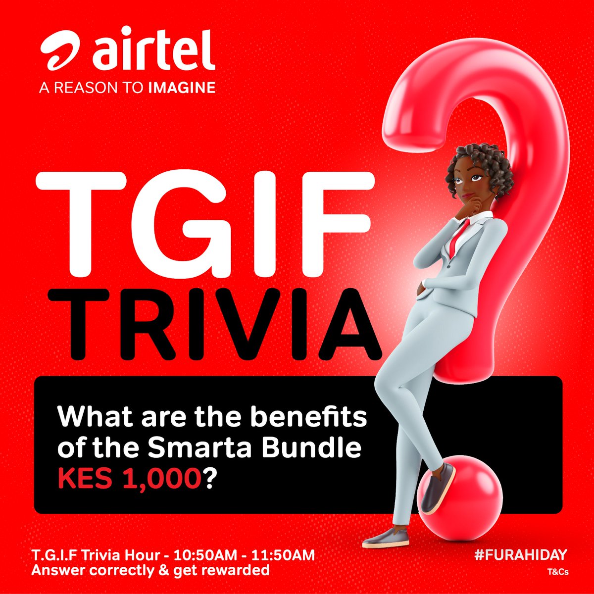Trivia Hour iko ON! Wacha tuone wangapi wanajua benefits za Smarta Bundles. Correct answers tafadhali and don't forget to DM your number.​​

#AirtelTriviaHour #FurahiDay