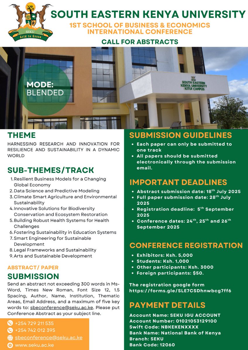 Hooray! We have heard you and  we are excited to extend the abstract submission to 18th July 2025. Don't miss this opportunity to showcase your research, spark conversations and shape the future only at South Eastern Kenya University...Tunakungoja.