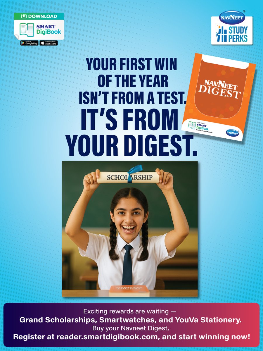 navneet_edu's tweet photo. This year, your Digest gives more than answers, it gives rewards.
Smartwatches, scholarships, Youva goodies and more await!

#NavneetEducation #NavneetDigest #AbPadhaiBanegiInteresting #StudyWithNavneet #StudySmart #BackToSchool #SmartStudyTools #StudyHacks #SchoolEssentials https://t.co/582wcoQRvz