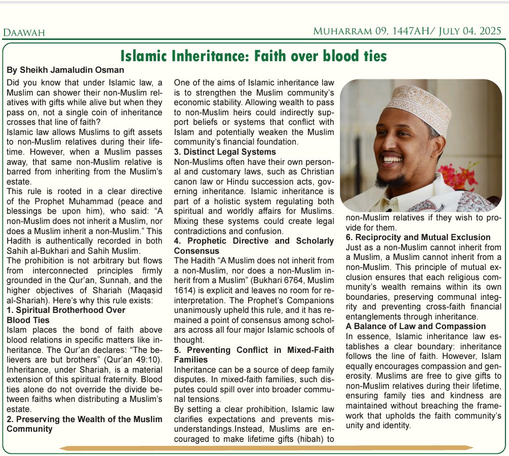 As Kenya 🇰🇪 debates inheritance for all, #Islam’s stance may seem strict—but it’s rooted in divine justice, not discrimination. 

Faith defines Islamic inheritance, not lack of love.

Muslims can give gifts in life, but death follows divine law. 

A system of mercy, not malice.