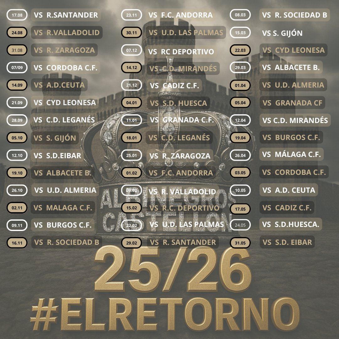 AlbinegrosC's tweet photo. ⚫⚪ ¡El calendario 2025/26 ya está aquí!
Muchos nos lo habíais pedido… y por fin podemos compartirlo.
Una temporada llena de retos, viajes y sueños por cumplir.
Porque #elretorno no es solo un lema… es una promesa.
👉 ¿Qué partido ya tienes marcado?
#CDCastellón #Albinegros https://t.co/lew7UfXDw4