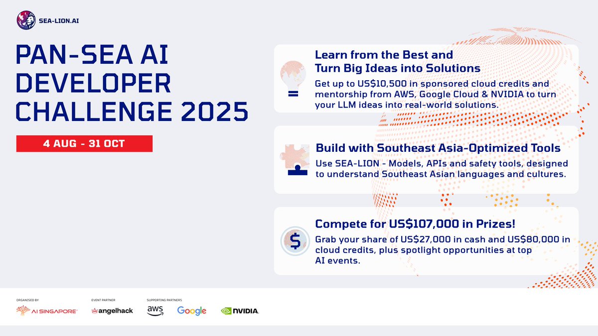 🌏 Build AI that matters for Southeast Asia.

Join the PAN-SEA AI Developer Challenge and tackle real-world issues in SEA’s healthcare, education, finance, and the public sector. This is your opportunity to create a Large Language Model(LLM)-related solution that directly impacts