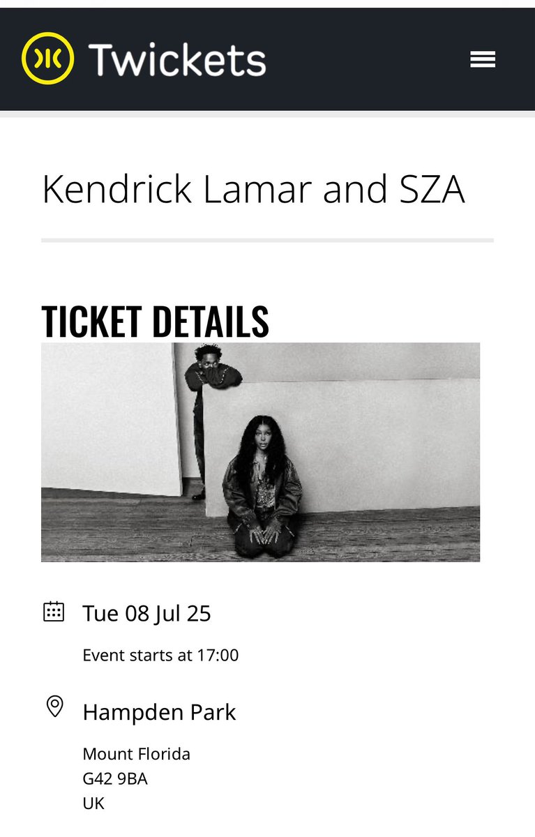 Yo, buy my awesome seats to see Kendrick Lamarr and SZA at Hampden this Tuesday…

twickets.live/app/block/1060…