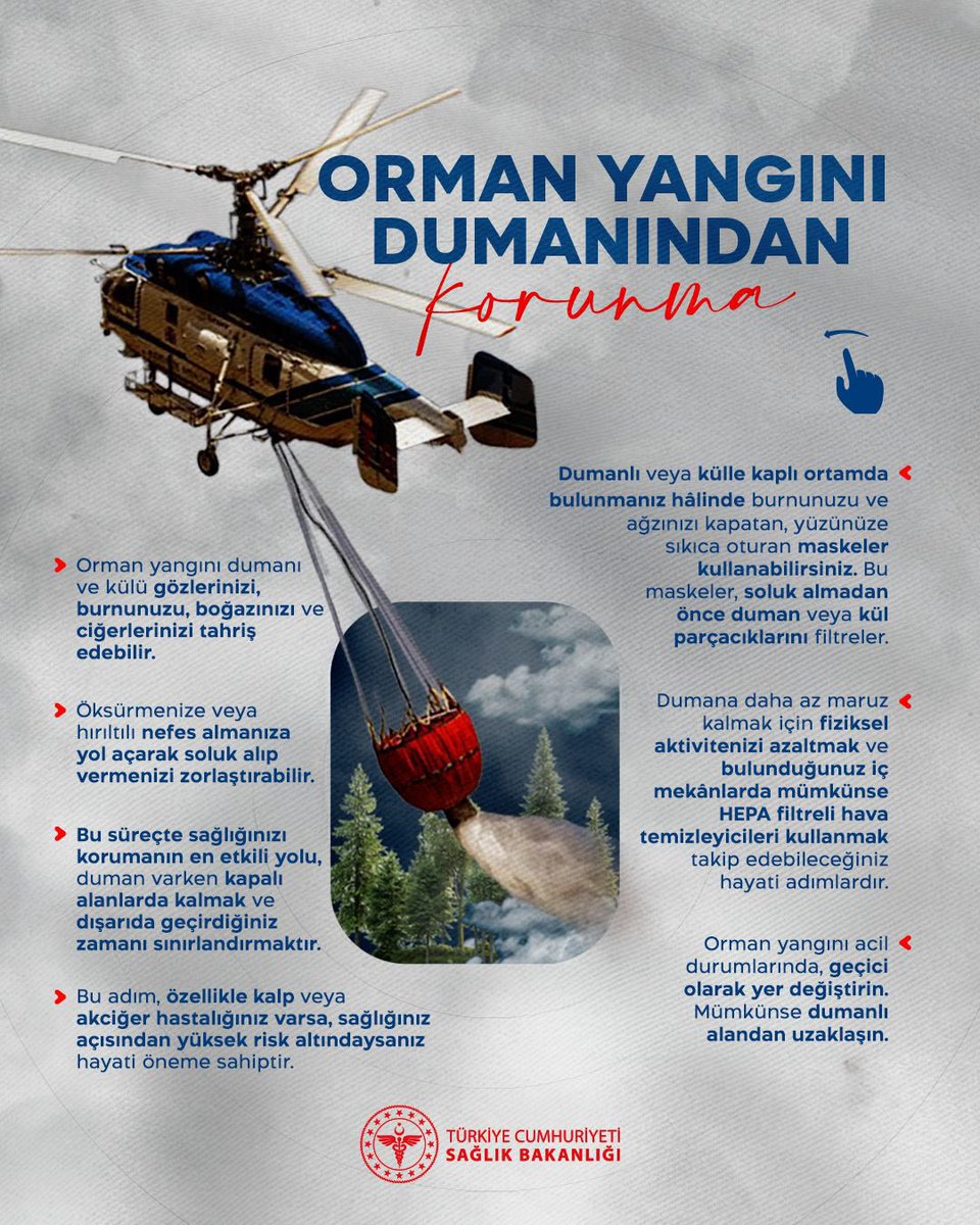 Sağlık Bakanlığı, orman yangını dumanının sağlığa etkilerine dikkat çekerek korunmak için alınması gereken önlemleri açıkladı.

Doğamızı koruyalım, #YeşilVatan'ımızı gelecek nesillere sağlıklı bırakalım.