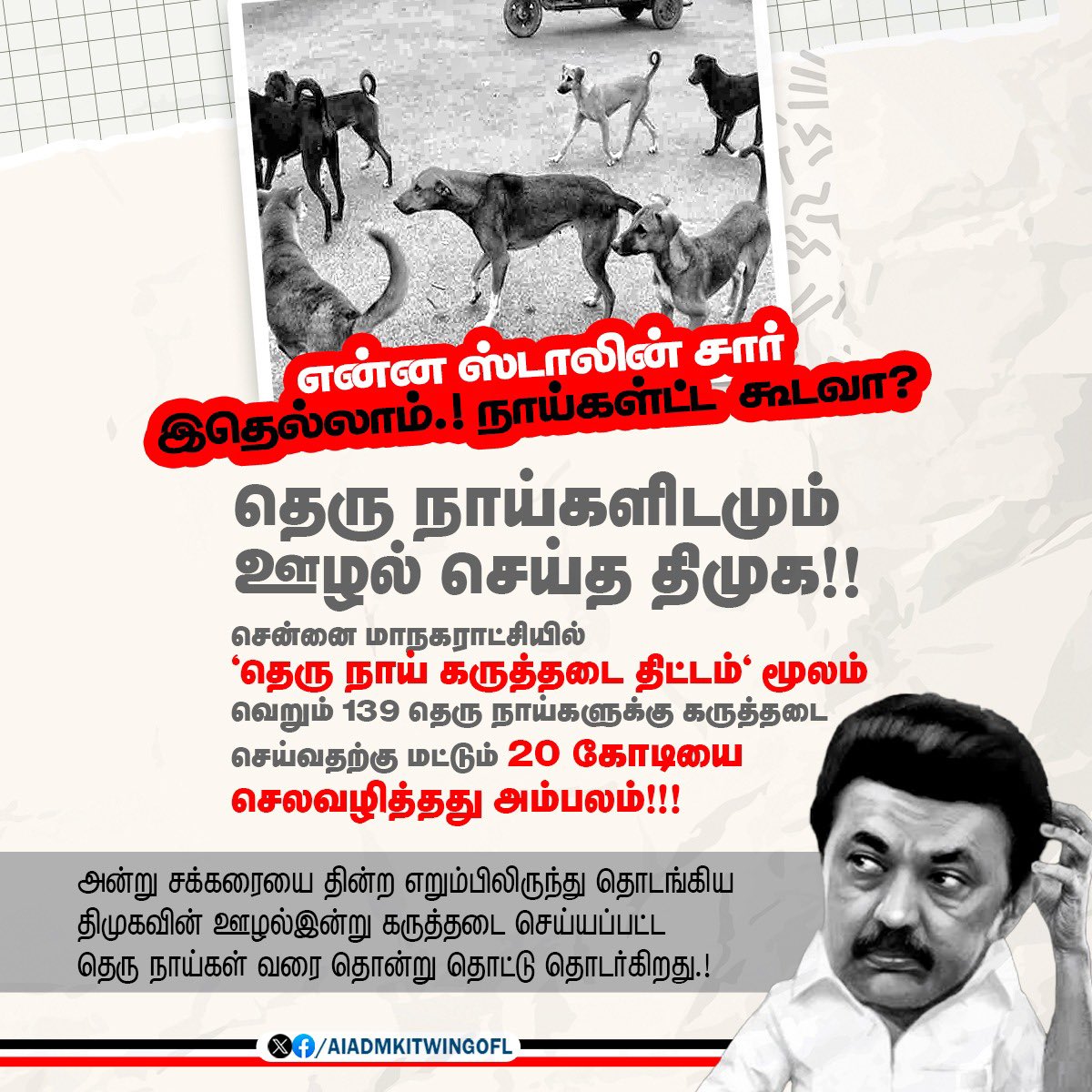 AIADMKITWINGOFL's tweet photo. தெரு நாய்களிடமும் ஊழல் செய்த திமுக!!

சென்னை மாநகராட்சியில் "தெரு நாய் கருத்தடை திட்டம்" மூலம் வெறும் 139 தெரு நாய்களுக்கு கருத்தடை செய்வதற்கு மட்டும் 20 கோடியை செலவழித்தது அம்பலம்!!!

அன்று சக்கரையை தின்ற எறும்பிலிருந்து தொடங்கிய திமுகவின் ஊழல் இன்று கருத்தடை செய்யப்பட்ட தெரு நாய்கள் வரை தொன்று தொட்டு தொடர்கிறது!!