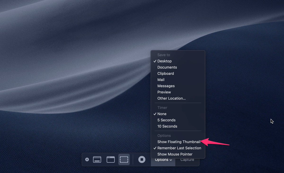 ciorici's tweet image. 1. Open the Screenshot app on Mac.
2. Go to Options > uncheck "Show Floating Thumbnail"
3. No more annoying floating thumbnail and 2 sec delay when taking screenshots with ⌘CMD+Shift+4.
3. Thank me