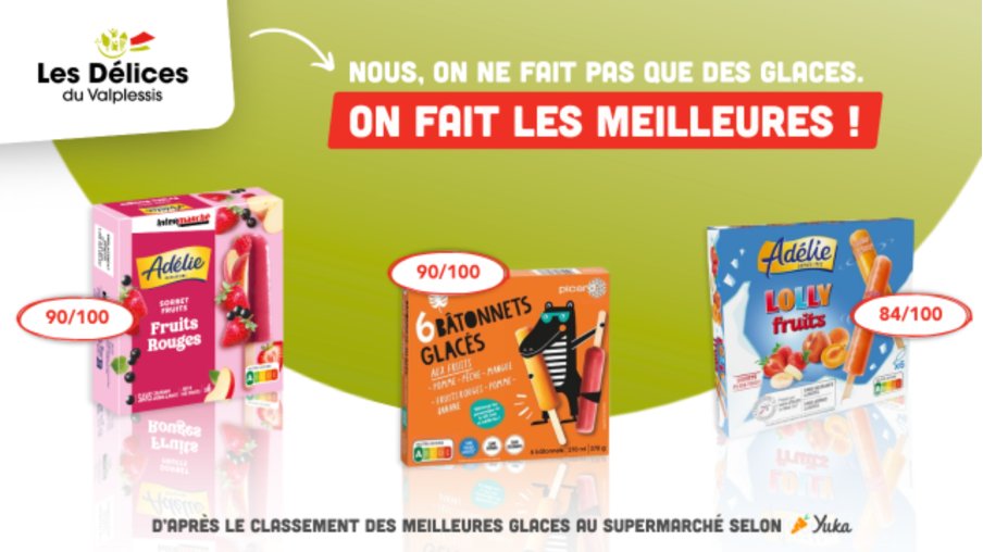 🍨 Carton plein pour nos glaces !
Les 3 meilleures glaces du supermarché selon <a href="/YukaApp/">Yuka</a> sont confectionnées par notre usine Les Délices du Valplessis. 🏆

👉 Depuis 2019, nos équipes R&amp;D ont relevé un défi ambitieux : reformuler 900 recettes pour les rendre plus saines, sans