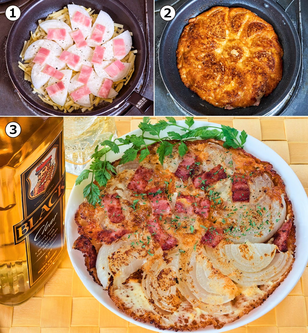 nikka_jp's tweet image. みんなが大好きな味じゃよ!
🧅玉ねぎとベーコンのカリカリチーズ焼き🧀
①フライパンにピザ用チーズを広げ、玉ねぎとベーコンを乗せる!塩胡椒・小麦粉を振り、チーズがカリッとするまで焼く!②皿を使って裏返し、玉ねぎに火を通して完成!③玉ねぎの甘さとチーズ、ベーコンの塩気が堪らんぞい!