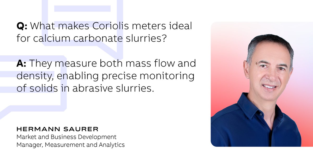 CaCO₃ slurries are tough—but Coriolis meters handle them with precision.
Dual mass and density measurement ensures real-time accuracy, even in abrasive flows.

🔍Learn more from expert Hermann Saurer➡️bit.ly/46qftCc

#ABB #MeasurementAndAnalytics
