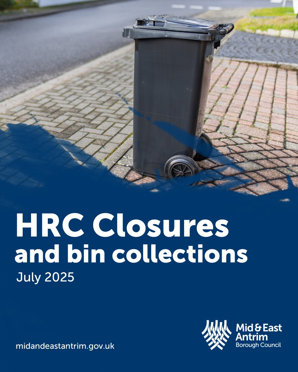 Mid and East Antrim Borough Council (@mea_bc) on Twitter photo β» Household Recycling Centre closures & Bin Collections β»
β  Councils HRCs will be closed Saturday 12 & Monday 14 July 2025.
HRCs will re-open on Tuesday 15 July. 
β  All bin and kerbie box collections are scheduled as normal on Monday 14 July 2025. 
#MEARecycles β» Household Recycling Centre closures & Bin Collections β»
β  Councils HRCs will be closed Saturday 12 & Monday 14 July 2025.
HRCs will re-open on Tuesday 15 July. 
β  All bin and kerbie box collections are scheduled as normal on Monday 14 July 2025. 
#MEARecycles