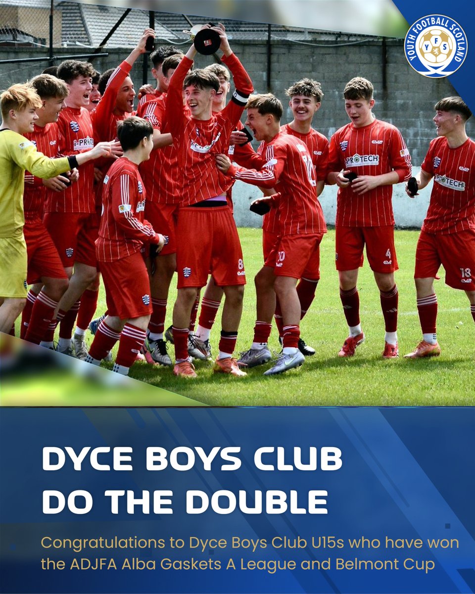 𝗗𝗢𝗨𝗕𝗟𝗘 𝗖𝗛𝗔𝗠𝗣𝗜𝗢𝗡𝗦 🏆 

Congratulations to Dyce Boys Club U15s, ADJFA Alba Gaskets A League and Belmont Cup winners 2025!

𝗗𝗠 𝘂𝘀 𝘆𝗼𝘂𝗿 𝗰𝗵𝗮𝗺𝗽𝗶𝗼𝗻𝘀 𝗽𝗼𝘀𝘁𝘀