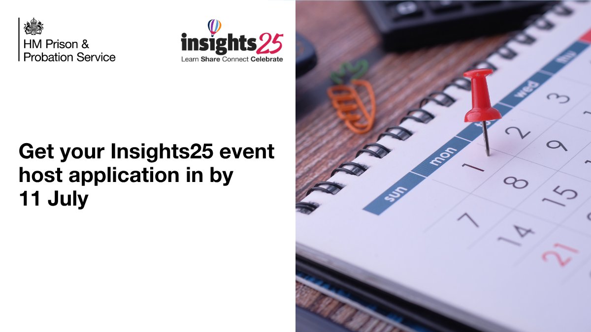Just one week to go until applications to host an event at #Insights25 close 📅

Looking for inspiration? Check our website for this year's themes and highlights of previous festivals: hmppsinsights.service.justice.gov.uk/insights-festi…

#InsightsFestival #Justice #CJS
