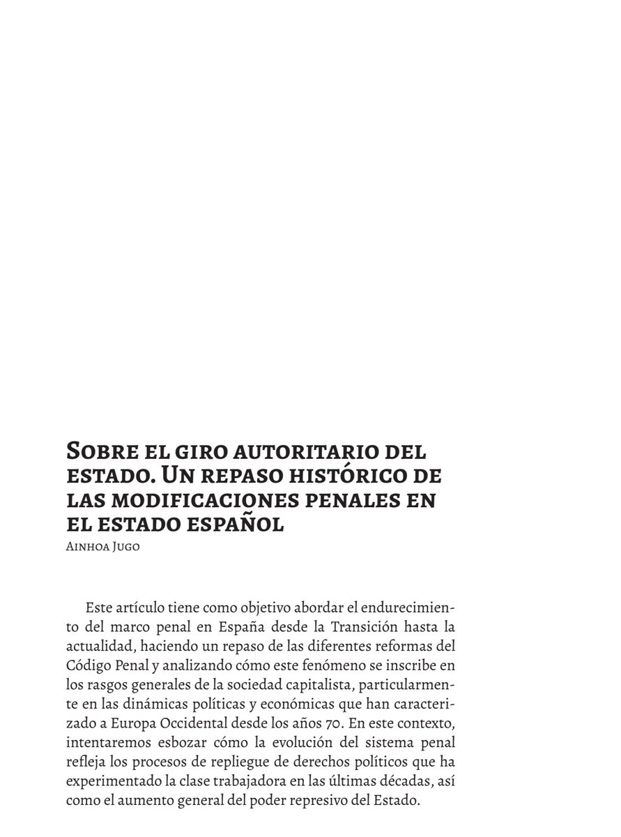 marxxxi's tweet image. "El endurecimiento del marco penal (...) responde a una estrategia de contención de la lucha de clases, codificada ideológicamente como *mantenimiento del orden* "
✍🏼 Sobre el giro autoritario del Estado (Ainhoa Jugo)
cdn.shopify.com/s/files/1/0956…