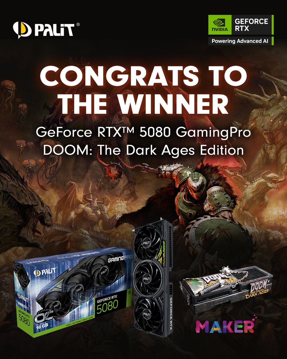 WE HAVE A WINNER!🔥

Congrats to our lucky winner, IG @ tass***ad🎉We've notified you under your comment. Looking forward to hearing from you.

Thank you to everyone who entered this giveaway. 

Stay tuned for more chances to win awesome #PALIT gear!

#RTXOn #DOOM #RTX5080