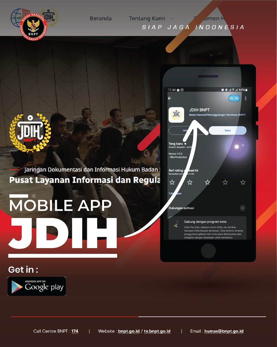Kabar baik bagi #SobatDamai!
Sejalan dengan perkembangan dinamika teknologi informasi, pusat layanan informasi dan regulasi JDIH BNPT sekarang bisa didapatkan dengan mudah dalam genggamanmu.

Untuk mengetahui informasi lebih lanjut mengenai peraturan perundang-undangan,