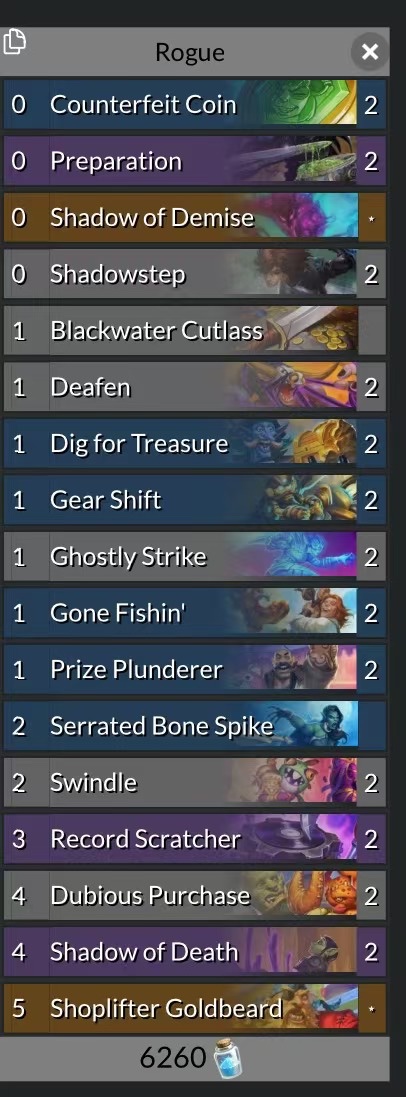 cletus2213's tweet photo. I hit top 100 wild legend for the first time with a deck named "rogue"! Have to swap to naga dh briefly because of librams and alibis, but still did most of the climb with it. It’s a shame that consecutive shadows won’t trigger with goldbeard. @neon31HS @HSTopDecks https://t.co/ZEzRhOyq6O