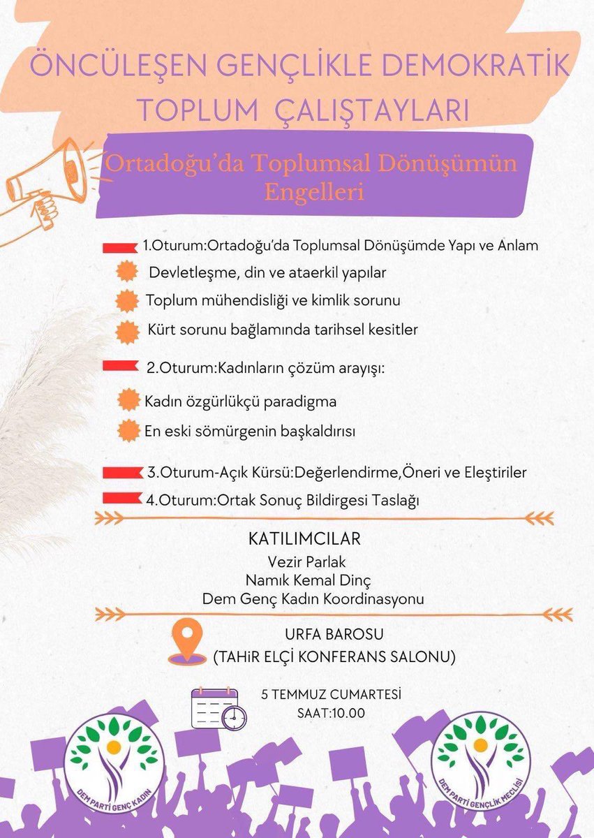 Demokratik toplum inşası için gençliğe çağrı!

Başta gençler olmak üzere tüm halklarımızı “Öncüleşen Gençlikle Demokratik Toplum” çalıştayları kapsamında Riha’da yapılacak olan “Orta Doğu’da Toplumsal Dönüşümün Engelleri” başlıklı konferansa katılmaya davet ediyoruz!

📍Urfa