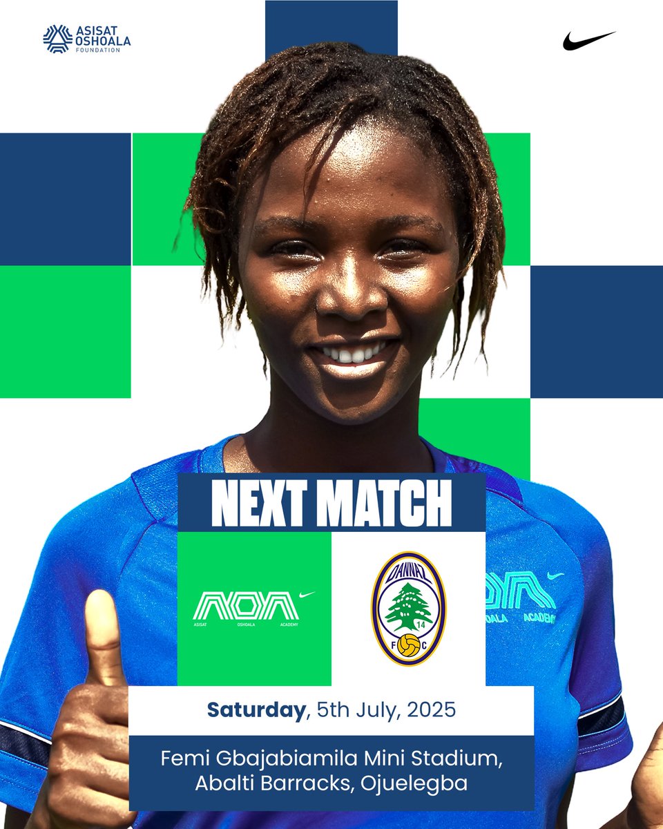 ⚽🔥Match Day Alert!🔥⚽
The Asisat Oshoala Academy girls are set to face off in a thrilling friendly match against Dannaz FC.

🗓 Date: Saturday, 5th July 2025
🕐 Time: 1:00 PM
📍 Venue: Femi Gbajabiamila Mini Stadium, Abalti Barracks, Ojuelegba

#AOAxDannazFC #FutureStars