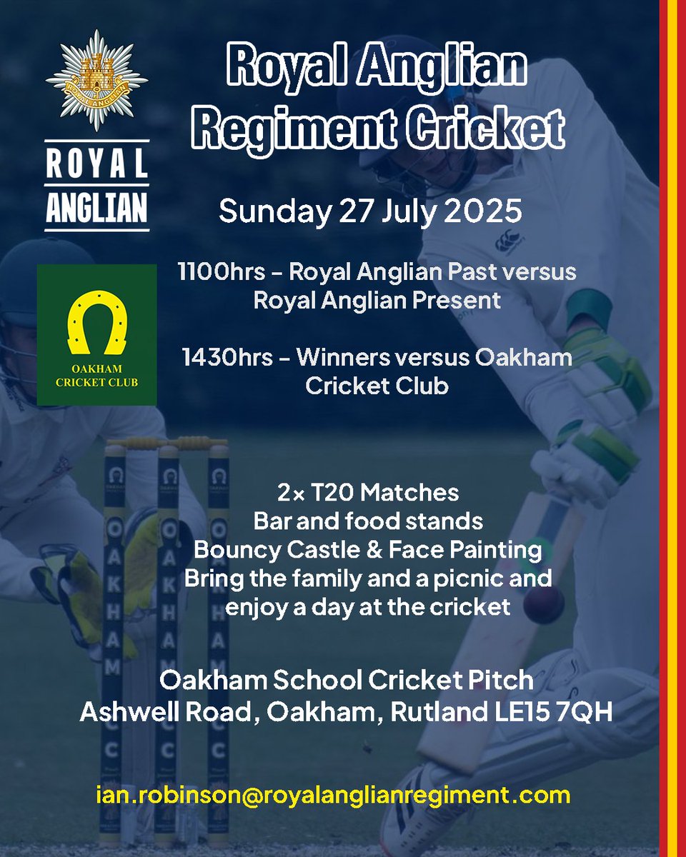 1100hrs – Royal Anglian Regiment Past v Royal Anglian Present
1430hrs – Winners of the above to play Oakham Cricket club

royalanglianregiment.com/news/oakham-cr…

#RoyalAnglian #Veterans #oakham #Cricket #FamilyFun #Rutland