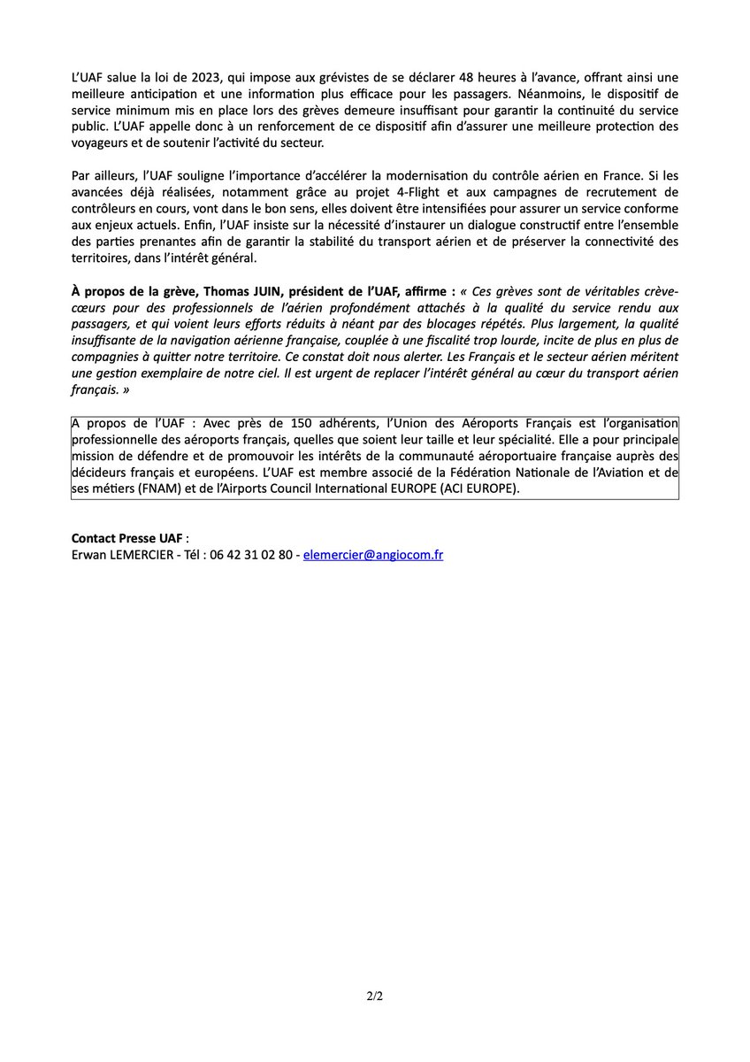 ✈️ Nouvelle grève des contrôleurs : l’UAF alerte.
Vols annulés, passagers bloqués, image dégradée.
➡️ Renforçons le service minimum
➡️ Accélérons la modernisation du contrôle aérien
➡️ Défendons l’intérêt général
#Grève #Aéroports #TransportAérien #France