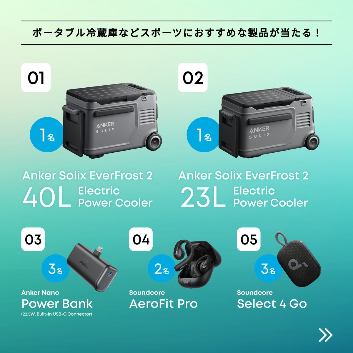 Anker_JP's tweet photo. ／
#Anker冷却応援団
プレゼントキャンペーン⚡️
＼

夏のスポーツにぴったりなポータブル冷蔵庫などのAnker製品を10名様に🎁

① @Anker_JP をフォロー
② #Anker冷却応援団 をつけて欲しい製品 (1~5) を選び引用リポスト

この夏楽しみたいスポーツを返信すると当選確率🆙