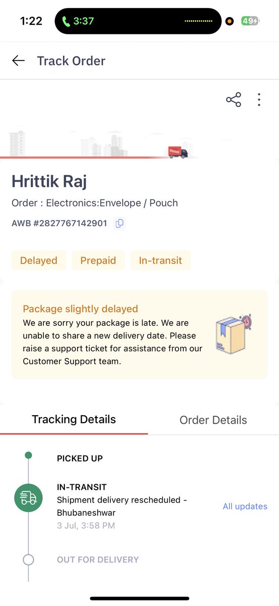SouvikR03015773's tweet photo. (Order ID: 2827767142901). I had placed order a long time ago, and the shipment arrived in Bhubaneswar two days ago. It was marked “Out for Delivery” yesterday, and would be delivered by that evening, but it got rescheduled with no estimated date.
@delhivery @help_delhivery https://t.co/XnK36jdV2s