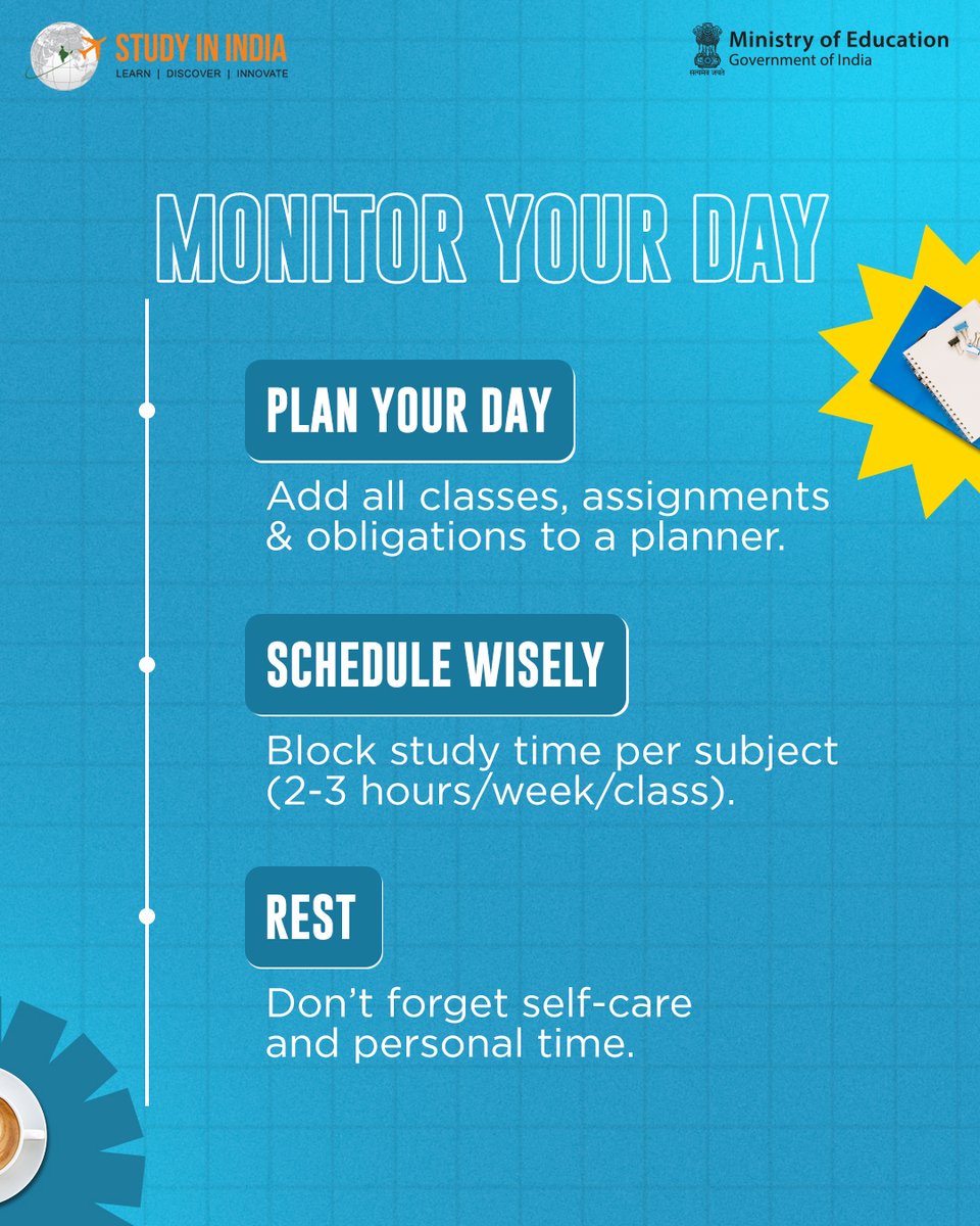 StudyInIndiaGov's tweet photo. Let’s get to work!
This is the study plan that’ll keep you focused, stress-free, and on top of your game all semester long.

Apply now: https://t.co/y7y1VUUyzR

Found this helpful? Save it for later or send it to a friend who's figuring out their next step.

#SayYESToStudyInIndia https://t.co/xrdPWkQRzS