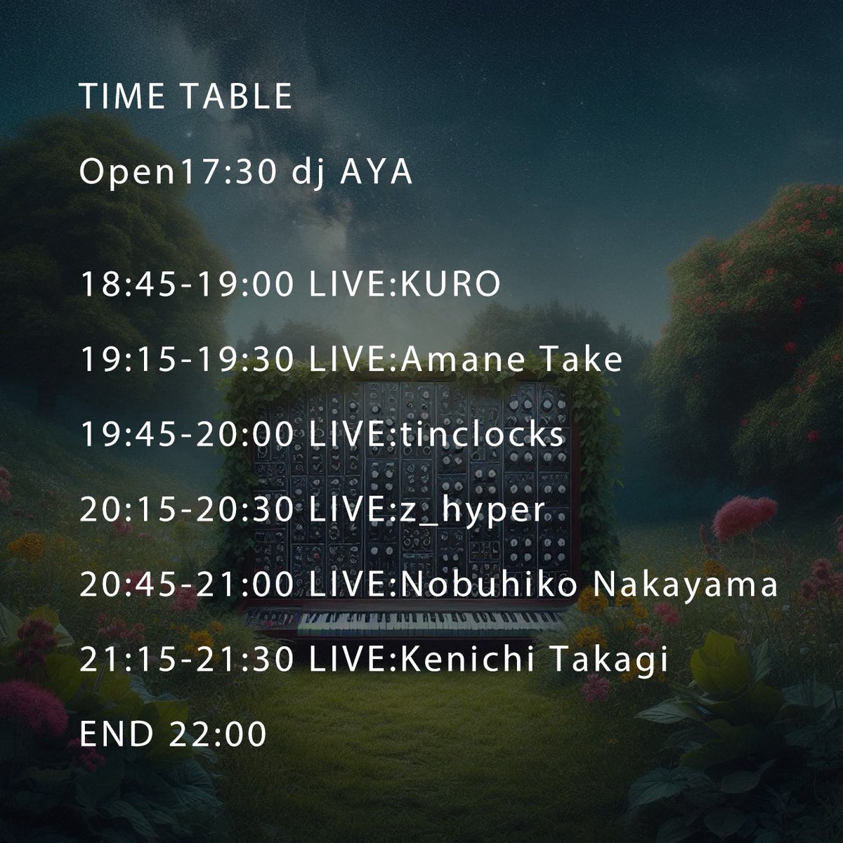 modularcafe200's tweet image. 日曜日は暑いようですが、やってます。
Modular Cafe
@.SpaceOrbit
2025/7/6(Sun)
Open 17:30~Last 22:30
Entrance \1,500-/(※要1オーダー)
LIVE
Amane Take
Kenichi Takagi
KURO
Nobuhiko Nakayama
tinclocks
z_hyper
DJ
aya