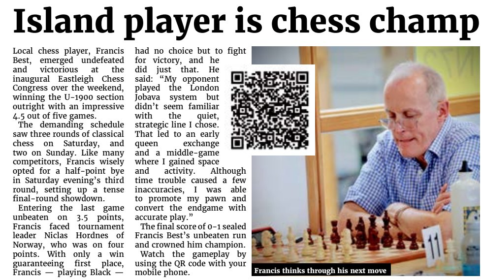 iowchess.com (@iowchesssite) on Twitter photo Huge congratulations to Francis best on his fantastic performance at last weekend's Eastleigh Chess Congress. Catch it in today's <a href="/iwobserver/">Isle of Wight Observer</a> Huge congratulations to Francis best on his fantastic performance at last weekend's Eastleigh Chess Congress. Catch it in today's <a href="/iwobserver/">Isle of Wight Observer</a>