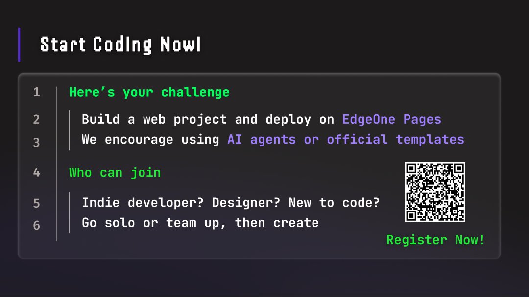 Kepler Plan S3 Global Developer Competition! 🔥

Smarter Website Building with Tencent EdgeOne Pages + AI Tools!
Dev Benefit, Tencent Recruitment, and more!

Submit by Aug 4!

Feel free to join our WeChat/Discord group to learn more

🚀Sign up: edgeone.ai/blog/details/k…