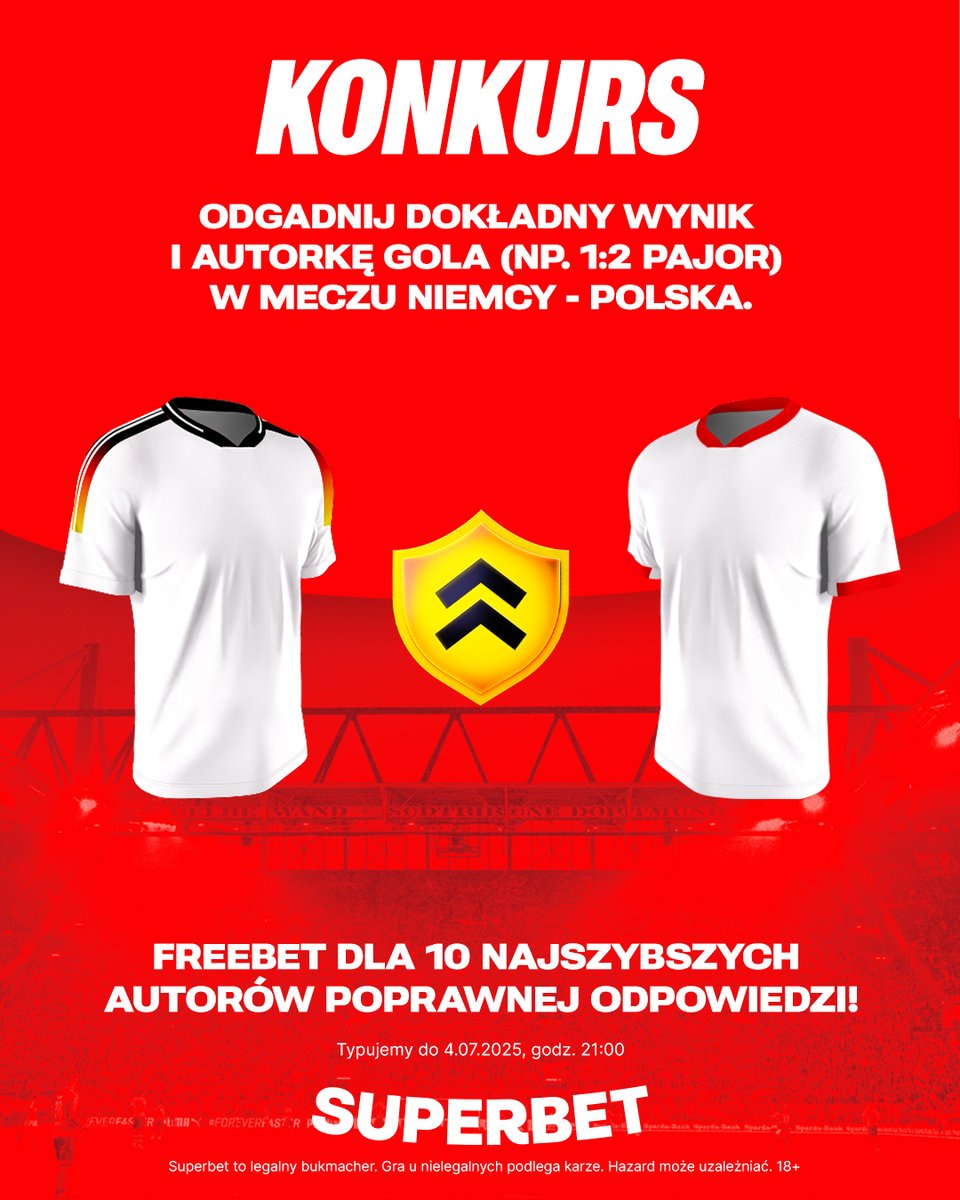 SuperbetPL's tweet photo. #KONKURS! Wytypuj w odpowiedziach dokładny wynik oraz autorkę gola⚽️ w meczu Niemcy - Polska i zgarnij freebet! #WEURO2025
-- 
✅ Zaobserwuj @SuperbetPL
❤️ Polub wpis i 🔄 podaj go dalej 
👤 Dodaj nick z Superbet 
🎁 Nagroda = FREEBET 50 PLN 
Regulamin: https://t.co/bJckWNGBX2 https://t.co/rgdvdCmNAQ