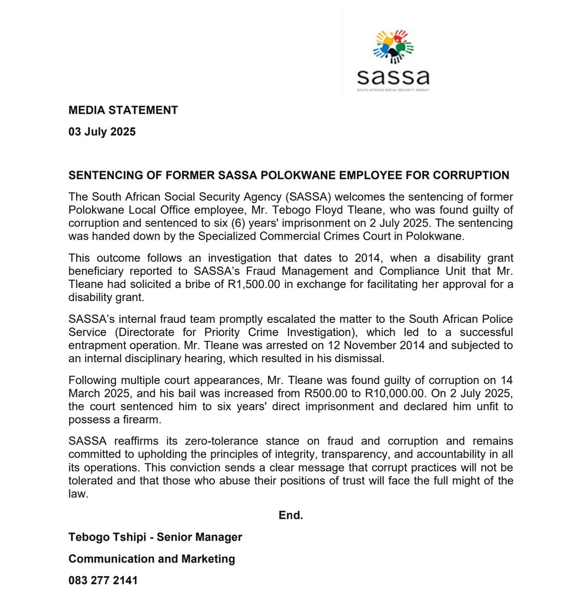SASSA (@officialsassa) on Twitter photo MEDIA STATEMENT| Sentencing of former SASSA Polokwane employee for corruption
<a href="/The_DSD/">Social Development</a>
<a href="/GovernmentZA/">South African Government</a> MEDIA STATEMENT| Sentencing of former SASSA Polokwane employee for corruption
<a href="/The_DSD/">Social Development</a>
<a href="/GovernmentZA/">South African Government</a>