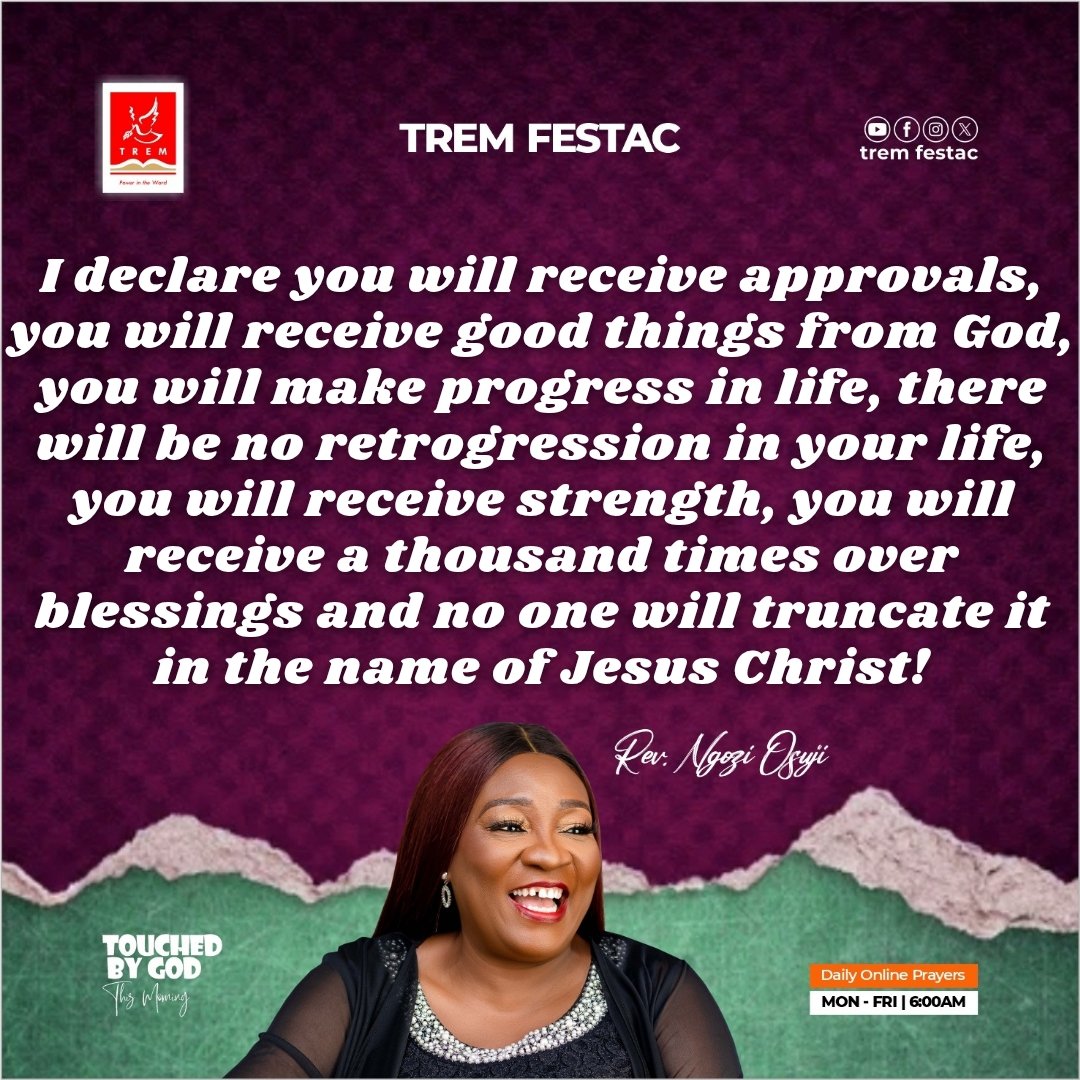 No one will truncate your thousand times blessings over,there'll be no mourning,grieving,wailing&amp;crying in your home, you're making progress&amp;you're accelerating in Jesus name.

Rev. Ngozi Osuji 

#TREM #TREMFESTAC #TouchedByGodThisMorning #Prayer #Rest #July #Purpose #Friday