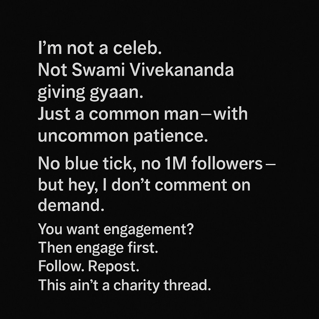 SAGARM_2525's tweet image. 🗣️ Not a celeb. Not a saint. Just a common man tired of freeloaders.
No charity in comments — earn your place. 🔥
#CommonMan #NoFreeClout 
#FridayMood  #Railway_Reform