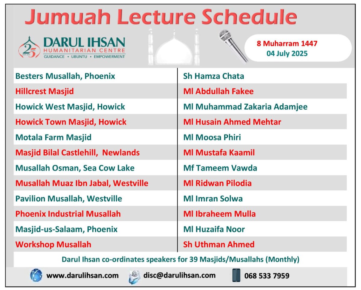 discdbn's tweet image. 🔹 Jumuah Lecture Schedule🔹
✨ By Darul Ihsan✨

🗓️ Friday,  04th July 2025

#JumuahRoster #Friday #Lectures #Salah #FridayBestDay #DarulIhsan