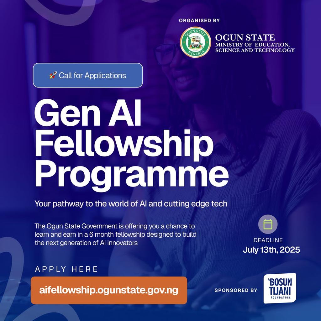 Are you ready to be part of Nigeria’s next generation of AI innovators?

Apply for the Gen AI Fellowship Programme, a six-month initiative - organised by the Ogun State Government and sponsored by the ‘Bosun Tijani Foundation -
