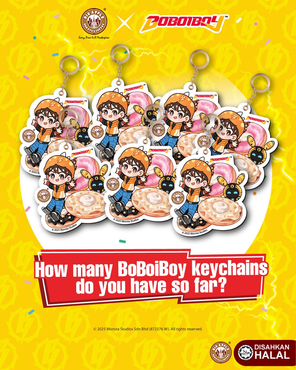 Cer bagitau min sikit, berapa banyak keychain BoBoiBoy korang dah collect? 😍😍 Rugilah tak beli lagi keychain yang comel macam ni 🧐

#bigappledonuts #bigappledonutscoffee #bigappledonut #bigappledonutsmalaysia #Boboiboy #BoboiboyMerch