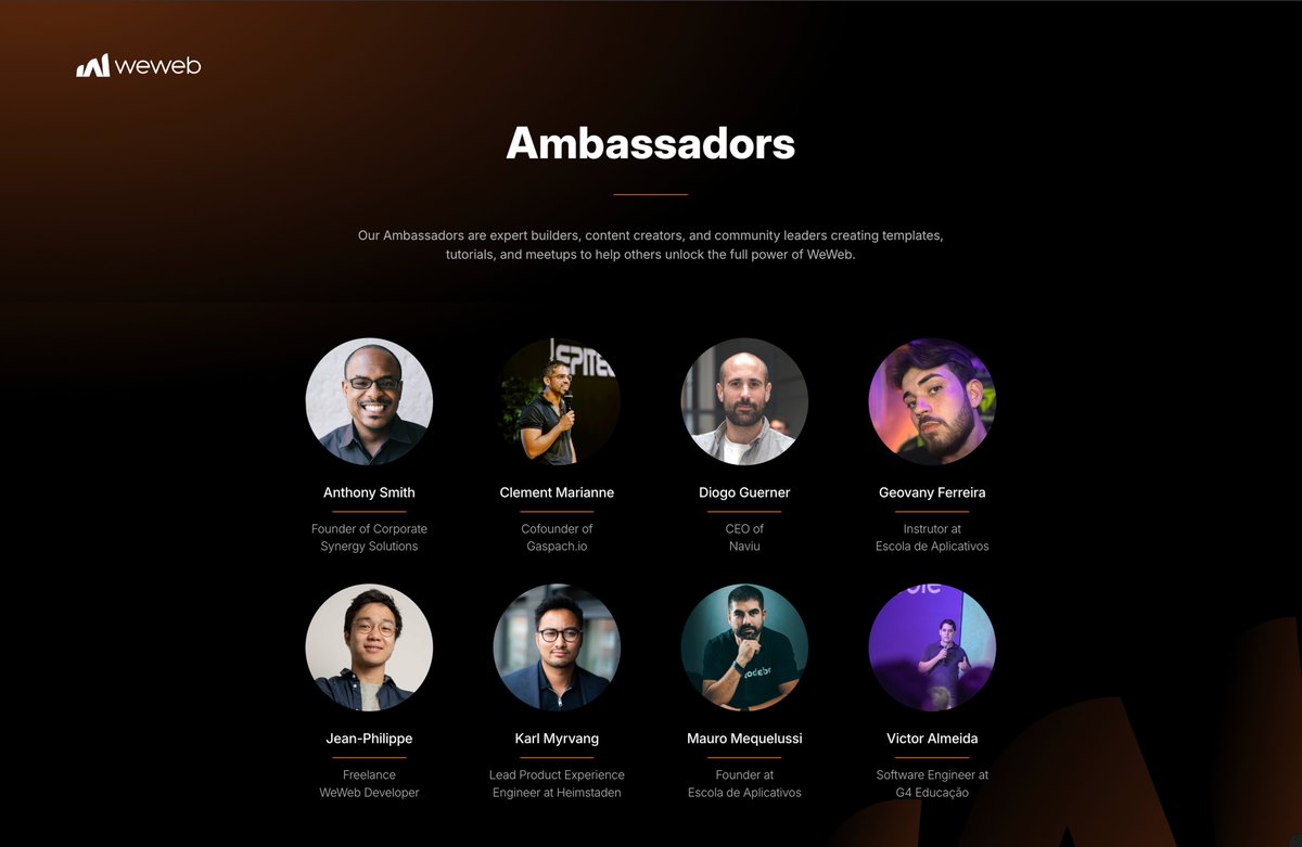 🥳 The WeWeb Ambassador Program is LIVE!

We're thrilled to welcome our very first Ambassadors. Their dedication, knowledge, and passion for building inspire us every day.

👀 Stay tuned for what’s to come:
