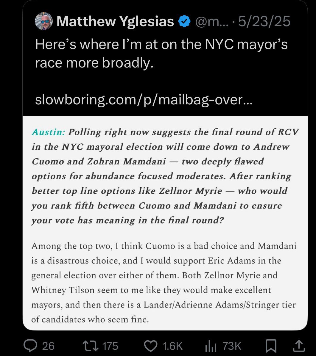 reminder that the abundance crowd was ambivalent on Cuomo v. Mamdani and was happy to co-opt whoever ended up winning, but thinks that Eric Adams is clearly superior to both