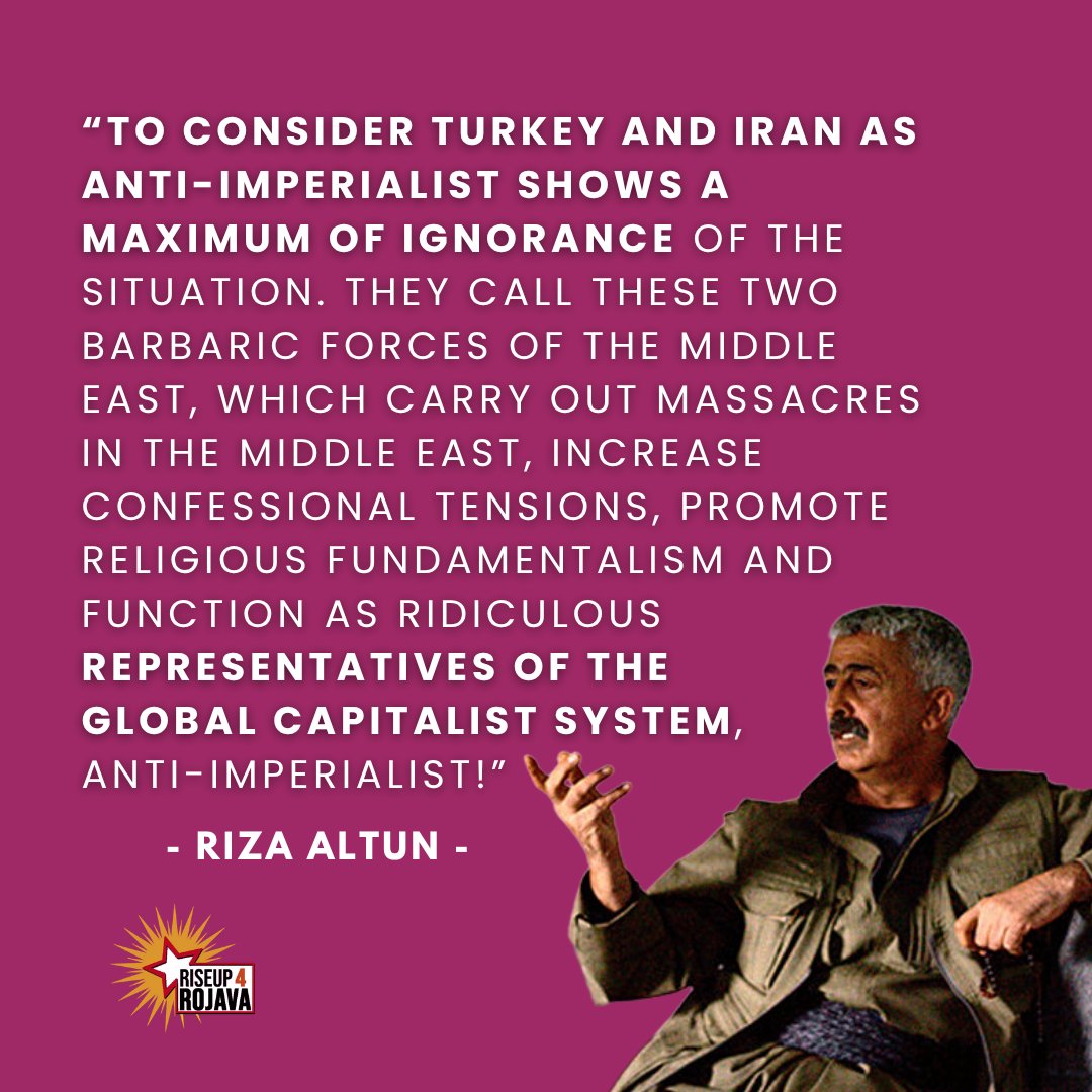 RiseUp4Rojava (@riseup4r0java) on Twitter photo Kurds collaborating with imperialist powers? Iran and the Axis of Resistance anti-imperialist?
Riza Altun corrects the narratives even many Western Leftists have been relying on when looking at the Middle East.
Read the Full Interview here: riseup4rojava.org/the-global-cri… Kurds collaborating with imperialist powers? Iran and the Axis of Resistance anti-imperialist?
Riza Altun corrects the narratives even many Western Leftists have been relying on when looking at the Middle East.
Read the Full Interview here: riseup4rojava.org/the-global-cri…