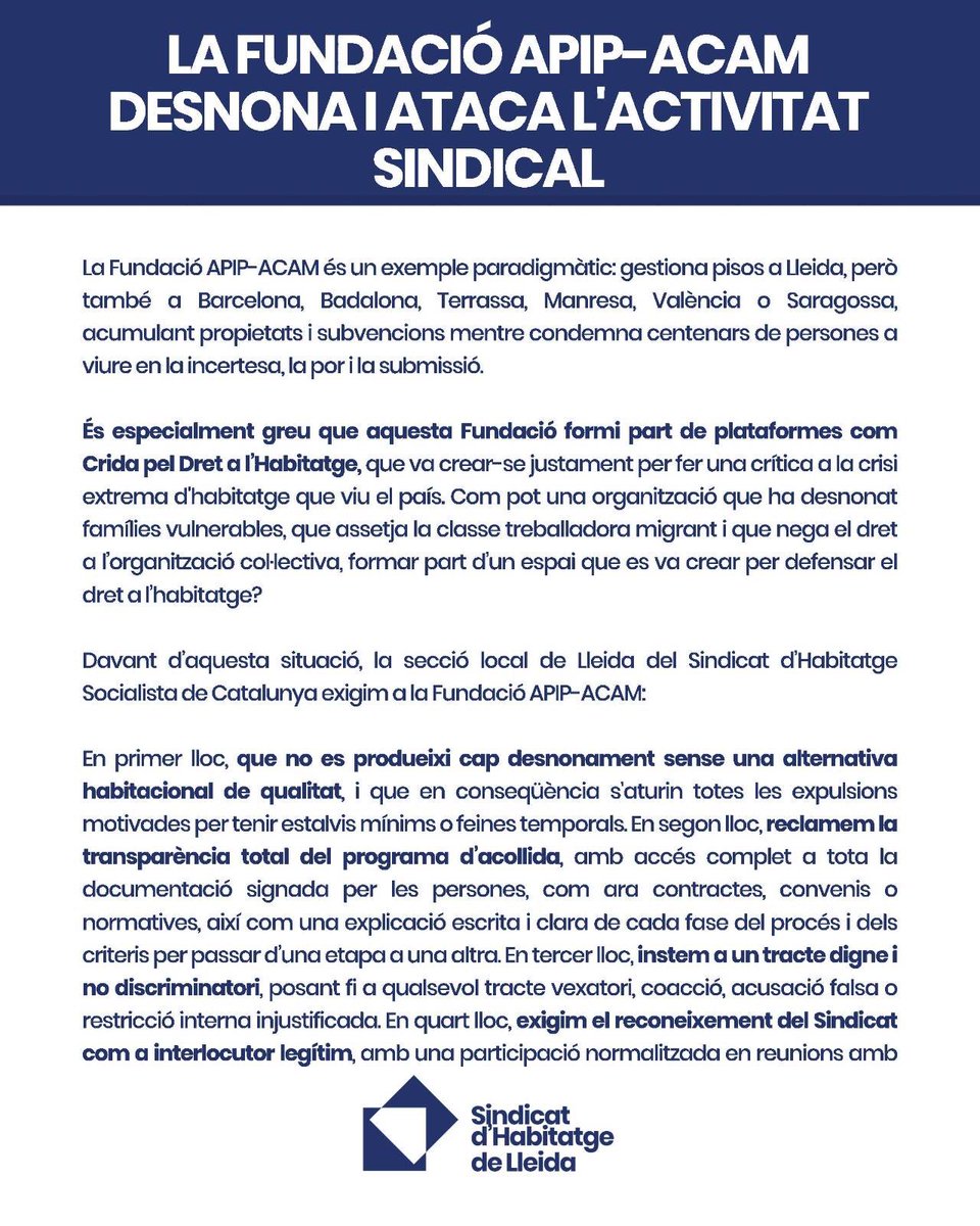 Lleida_SHSC's tweet photo. 🔵 COMUNICAT DE DENÚNCIA CONTRA LA FUNDACIÓ APIP-ACAM

APIP-ACAM ha executat desnonaments, ha sotmès a coaccions a desenes de persones, ha exercit tractes vexatoris i ha intentat impedir l'organització sindical.

Contra la gestió de la misèria, construïm sindicats de classe. https://t.co/haZKplJnSn