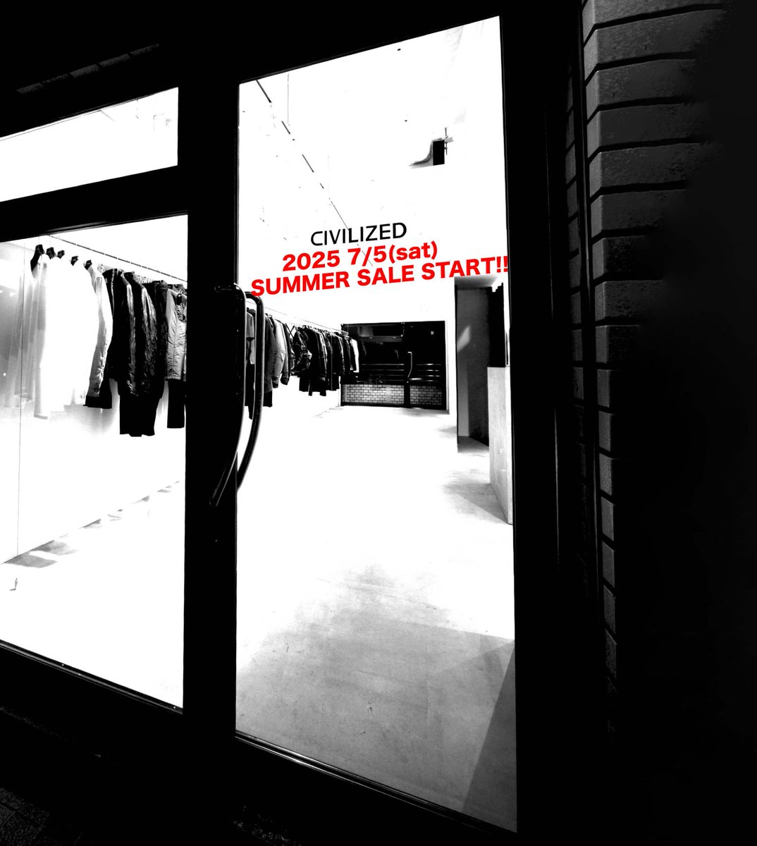civilizedjp's tweet photo. 2025 SUMMER SALE START!!

CIVILIZED代官山店では25.7.5(sat)より一部商品を対象にセールを行います。

代官山店の営業日時はNEWSページをご確認ください。

皆様のご来店を心よりお待ちしております。
https://t.co/7RN2hxNTdX

#civilized #techwear #darkwear #シヴィライズド #テックウェア https://t.co/mJVyTZMDHe