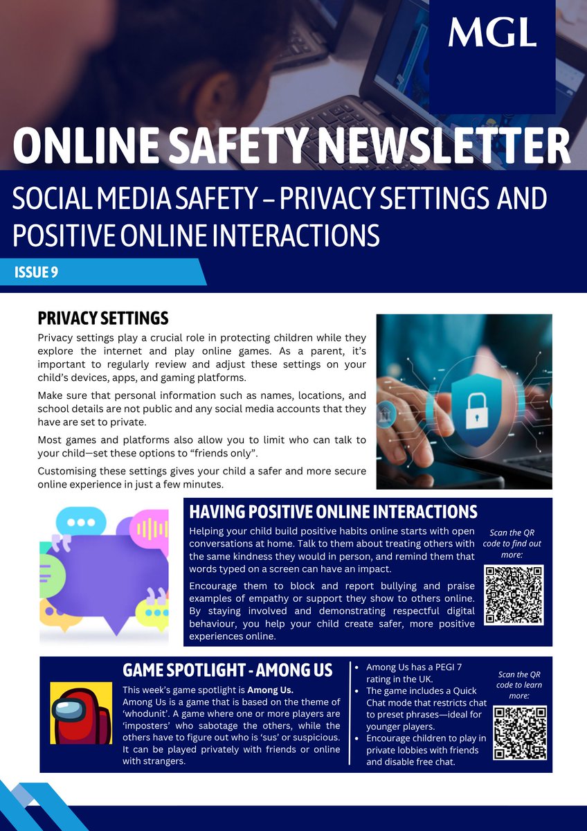 MGLWorldNews's tweet image. Social Media Safety - Privacy Settings and Positive Online Interactions 📰
This weeks Online Safety Newsletter focuses on the importance of privacy settings, having positive online interactions, and popular game Among Us 📱
#MGL #OnlineSafety