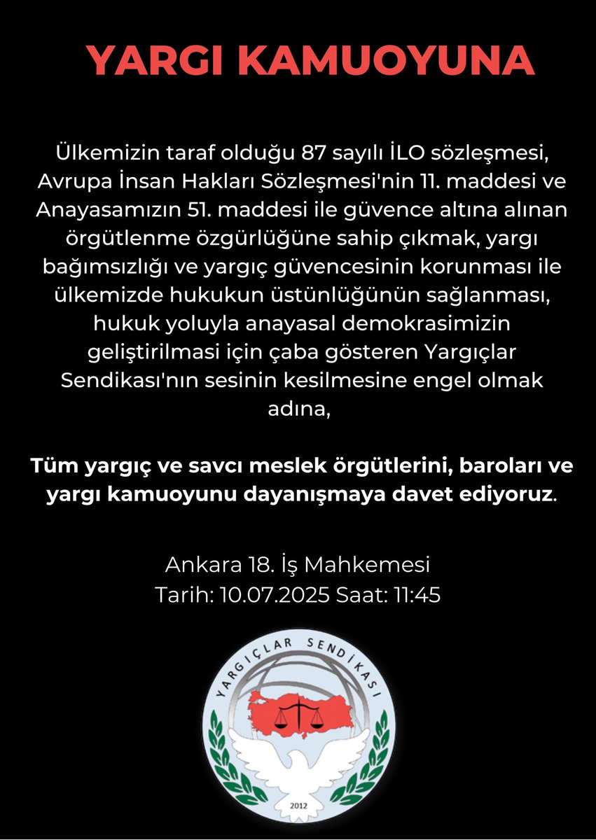 Tüm yargıç ve savcı, meslek örgütleri ve yargı kamuoyunu dayanışmaya davet ediyoruz.

#yargıclarsendikası #bagımsızyargı 

<a href="/izmir_barosu/">İzmir Barosu - #SavunmaSusturulamaz</a> <a href="/istbarosu/">İstanbul Barosu</a> <a href="/ankarabarosu/">Ankara Barosu</a> <a href="/barolar/">Türkiye Barolar Birliği</a> 
<a href="/YARSAVBSK/">YARSAV</a> <a href="/yargidabirlik/">Yargıda Birlik</a> <a href="/haksavdernegi/">Hakimler ve Savcılar Derneği - HAKSAV</a> <a href="/beyhan1guler/">Beyhan Güler</a> <a href="/ferdademirel69/">ferdademirel69@gmail.com</a> <a href="/demirels69/">Süleyman Demirel</a> <a href="/JudgeAliHaydar/">Ali Haydar Yücesoy</a>