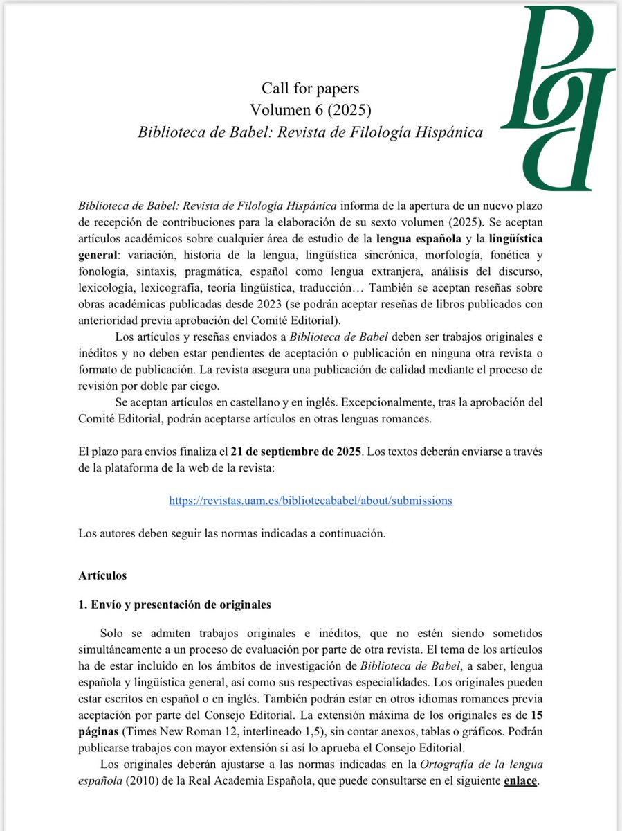 RevBibBabel's tweet image. 📣📣 Call for papers Vol. 6 (2025) 📣📣
🚨 Hasta el 21 de septiembre 🚨
Se aceptan artículos académicos sobre cualquier área de estudio de la lengua española y la lingüística general.
🔗 revistas.uam.es/bibliotecababe… 🔗